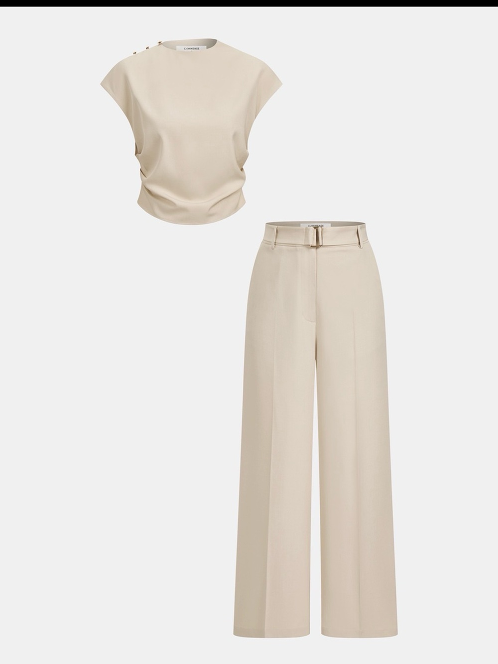 Commense Cream Sleeveless Draped Top with Wide-Leg Trousers